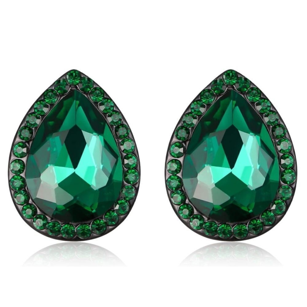 Carbon Black with Emerald Green Austrian Crystal Teardrop Stud Post Earrings